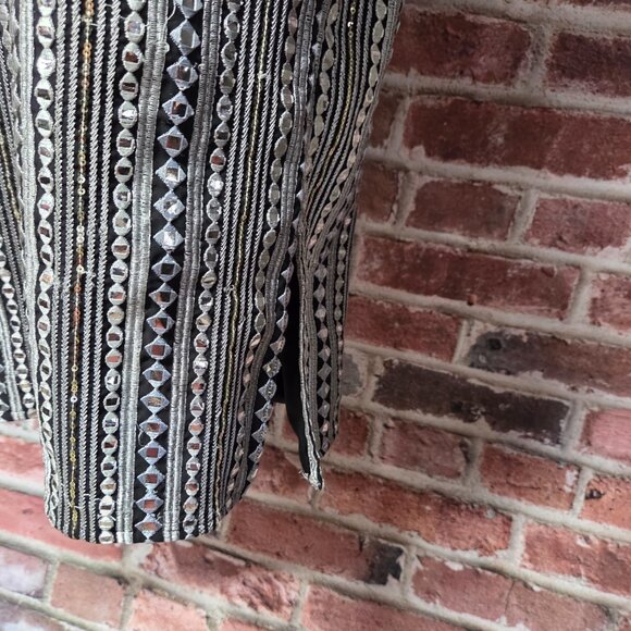 Metallic Kurta M | Silver Black Long Sleeve Festival Boho Ethnic Statement Top - Picture 6 of 9